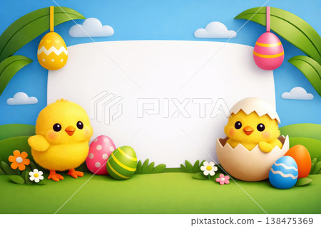Playful Chicks with Colorful Eggs in Spring Garden 138475369