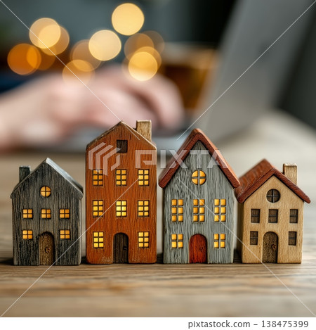 Miniature Wooden Houses with Warm Lights Miniature Wooden Houses with Warm Lights 138475399