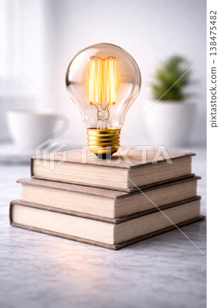 Glowing Bulb Over Stack Of Old Books Glowing Bulb Over Stack Of Old Books 138475482
