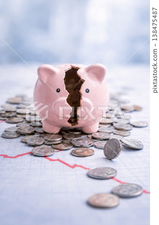 Cracked Piggy Bank and Falling Savings Cracked Piggy Bank and Falling Savings 138475487