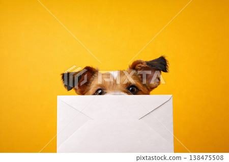 Curious Puppy Peeking Over White Envelope Curious Puppy Peeking Over White Envelope 138475508