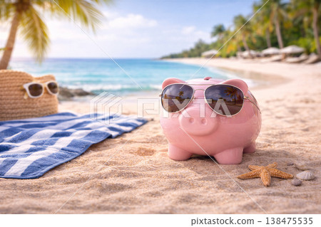 Summer Savings Piggy Bank On Beach 138475535
