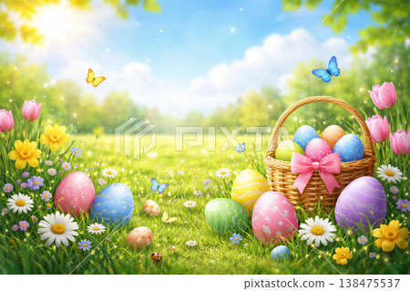 Easter Basket Among Spring Meadow Flowers Easter Basket Among Spring Meadow Flowers 138475537