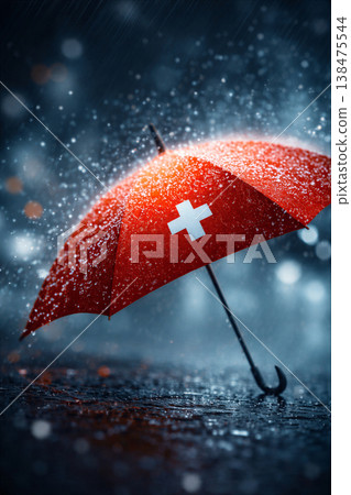 Red Umbrella With White Cross In Heavy Rain Red Umbrella With White Cross In Heavy Rain 138475544