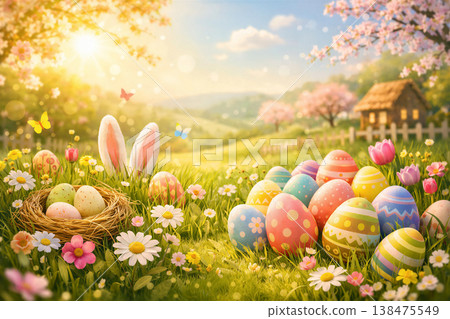 Sunlit Spring Meadow With Painted Eggs Sunlit Spring Meadow With Painted Eggs 138475549