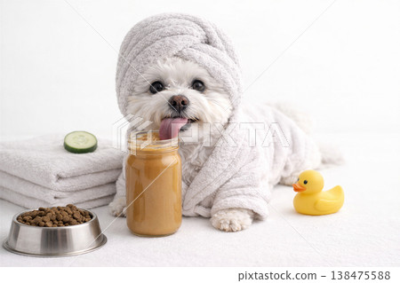 Pampered Puppy Enjoying Spa Time With Treats Pampered Puppy Enjoying Spa Time With Treats 138475588