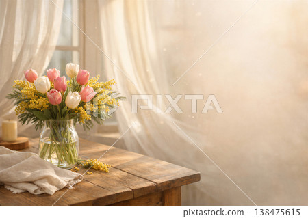 Sunlit tulip bouquet on wooden table 138475615