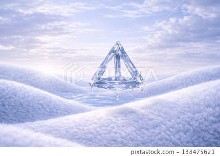 Floating crystal pyramid over snowy dunes Floating crystal pyramid over snowy dunes 138475621