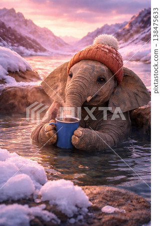 Adorable Baby Elephant Relaxing In A Hot Spring Adorable Baby Elephant Relaxing In A Hot Spring 138475633