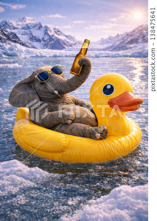 Baby Elephant Relaxing on Yellow Duck Float 138475641