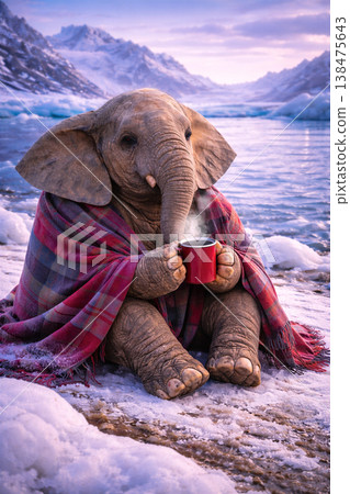 Baby Elephant Wrapped in Blanket By Frozen Lake Baby Elephant Wrapped in Blanket By Frozen Lake 138475643