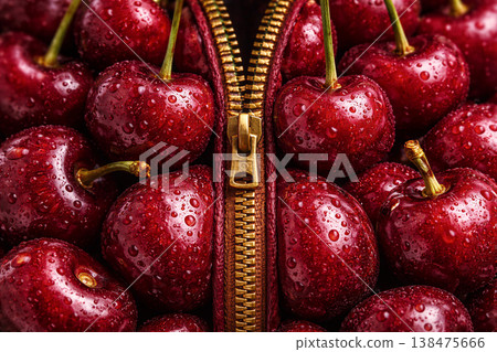 Ripe Red Cherries Unzipped To Reveal Texture Ripe Red Cherries Unzipped To Reveal Texture 138475666