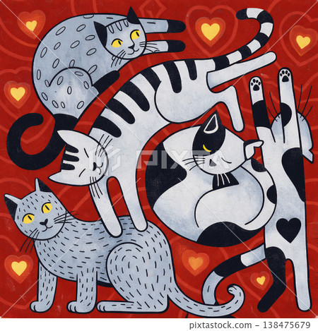 Whimsical Cats Curled Among Heart Shapes Whimsical Cats Curled Among Heart Shapes 138475679