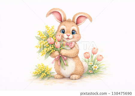Adorable Bunny Holding Spring Flower Bouquet Adorable Bunny Holding Spring Flower Bouquet 138475690