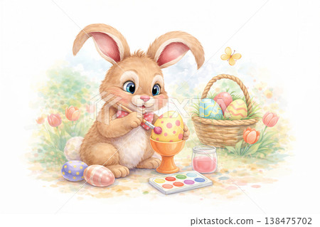 Gentle Bunny Painting Easter Eggs In Meadow 138475702