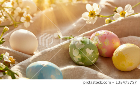 Pastel Easter Eggs and Spring Blossoms Pastel Easter Eggs and Spring Blossoms 138475757