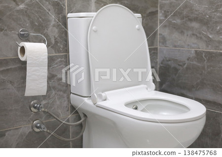 Modern bathroom toilet with open lid and paper roll Modern bathroom toilet with open lid and paper roll 138475768