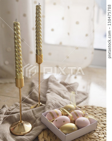 Golden Taper Candles And Pastel Easter Eggs Golden Taper Candles And Pastel Easter Eggs 138475788