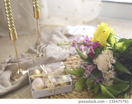Pastel Easter Table With Floral Gift Box Pastel Easter Table With Floral Gift Box 138475791