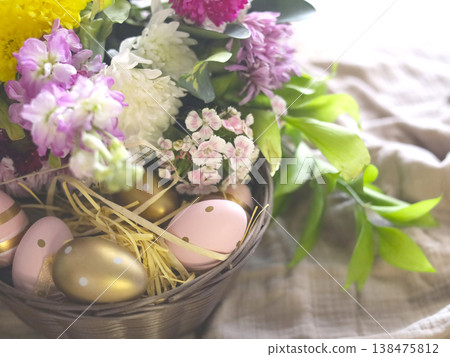 Easter Spring Basket With Pastel Eggs Easter Spring Basket With Pastel Eggs 138475812