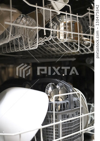 Open Dishwasher Full Of Clean Kitchenware 138475842