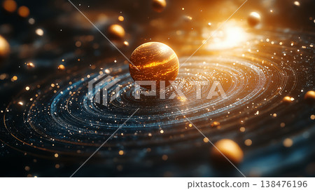 Golden planet orbiting in cosmic swirl of light and energy. Concept of space exploration 138476196