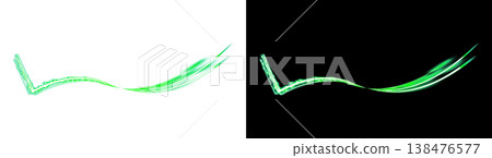 Design elements featuring shimmering green wavy lines of light on transparent and black backgrounds. 138476577