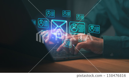 Cybersecurity expert protecting data privacy and email security via encryption. Digital communication and network security for online safety of personal data and business connection. 138476816