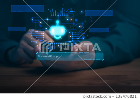 AI chatbot technology concept. Hand holding smartphone with digital artificial intelligence robot and command prompt for future automation and innovation. 138476821