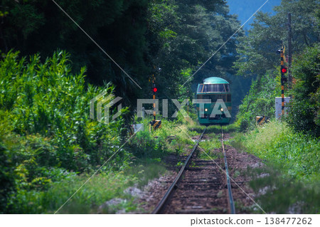 The Yufuin no Mori train runs through the fresh greenery. 138477262