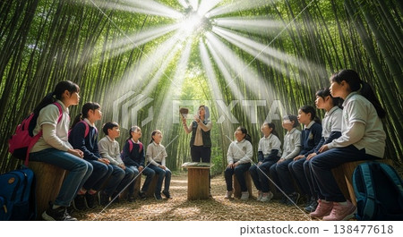 孩子們在竹林中的戶外教室裡學習關於鳥巢的知識。 138477618
