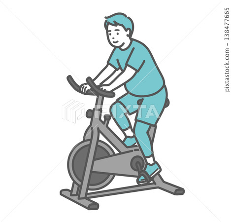 一幅插圖,描繪了一個身材圓潤的男人騎著健身自行車,臉上帶著笑容。 一幅插圖,描繪了一個身材圓潤的男人騎著健身自行車,臉上帶著笑容。 138477665