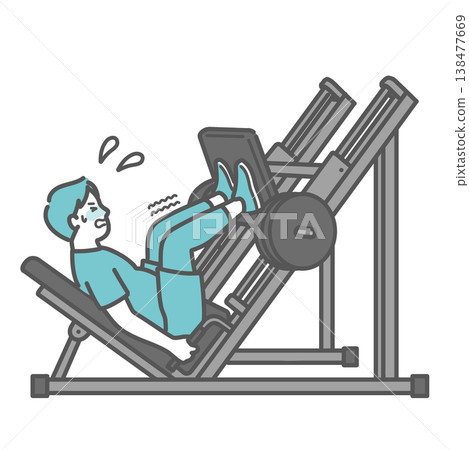 一幅插圖,描繪了一個身材矮胖的男人努力使用腿部推蹬機的情景。 一幅插圖,描繪了一個身材矮胖的男人努力使用腿部推蹬機的情景。 138477669