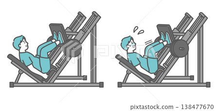 一組插圖對比了兩個胖男人使用腿部推蹬機時面帶微笑的場景，以及另一個胖男人使用腿部推蹬機時遇到的困難的場景。 138477670