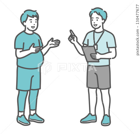 一幅插圖，描繪了一位身材圓潤的男子微笑地接受男性教練的指導。 138477677