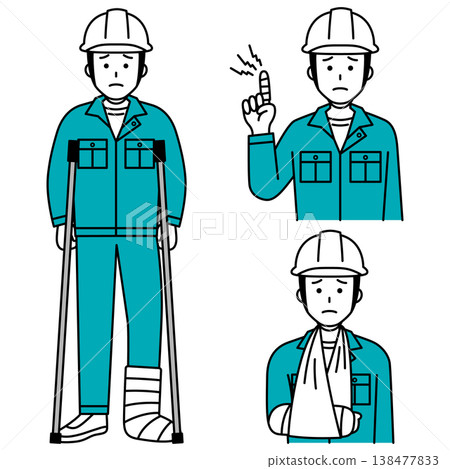 A set of male workers with injuries to their fingers, arms, and legs. 138477833