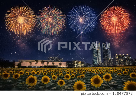 向日葵山夜景與大型煙火表演 - 人工智慧生成影像 138477872