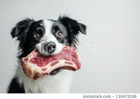邊境牧羊犬嘴裡叼著肉，表情十分生動。 138478286