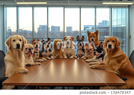 會議桌上，狗狗們一字排開，構成了一幅獨特的商務場景。 138478347