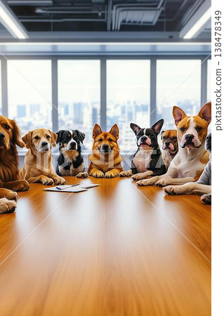 會議桌上，狗狗們一字排開，構成了一幅獨特的商務場景。 138478349