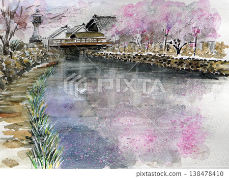 櫻花筏漂浮在河面上 櫻花筏漂浮在河面上 138478410
