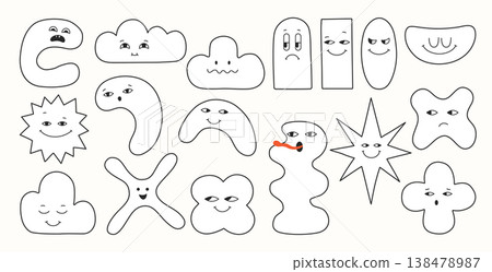 Geometric characters line set blob shapes expressive comic smiling childish different playful faces Geometric characters line set blob shapes expressive comic smiling childish different playful faces 138478987