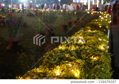Golden string lights on green hedge at night in park with blurred background Golden string lights on green hedge at night in park with blurred background 138479287