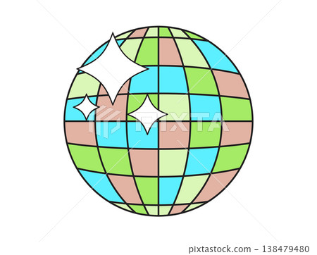 A stylized disco ball with a grid of colorful squares and bright starbursts, evoking a sense of celebration and retro fun 138479480