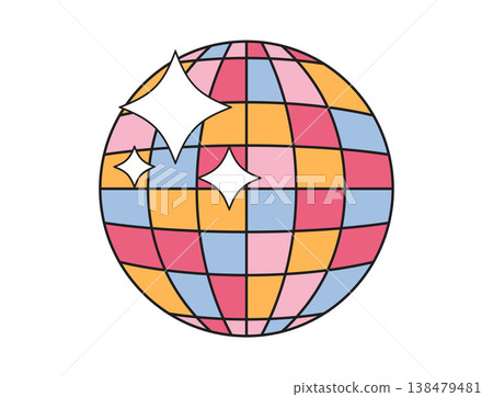 A stylized disco ball with a grid of colorful squares and bright starbursts, evoking a sense of celebration and retro fun 138479481