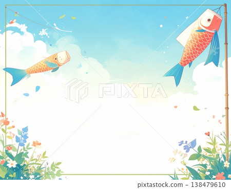 A watercolor-style frame background featuring carp streamers and a blue sky; illustration material usable for Children's Day and spring events. 138479610