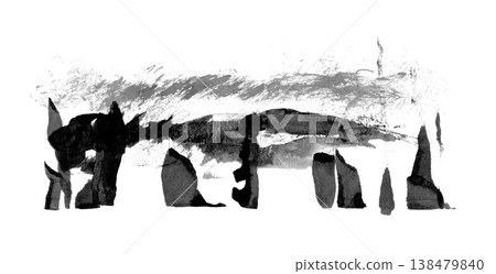 A monochrome abstract illustration featuring horizontal bands created by ink smudges and splashes, and vertical bar-like shapes lined up at the bottom. 138479840
