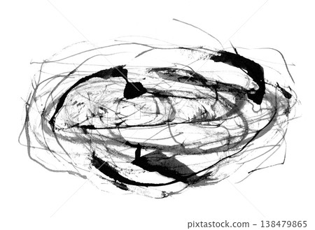 Abstract oval illustration material featuring swirling, overlapping thin lines and ink bleeding effects. 138479865