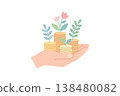 Hand holding stacked coins with small plants growing upward symbolizing financial growth savings investment and wealth building in a clean minimal style 138480082