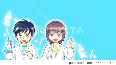 An anime-style illustration of a boy and a girl wearing lab coats and smiling while conducting an experiment. An anime-style illustration of a boy and a girl wearing lab coats and smiling while conducting an experiment. 138480232